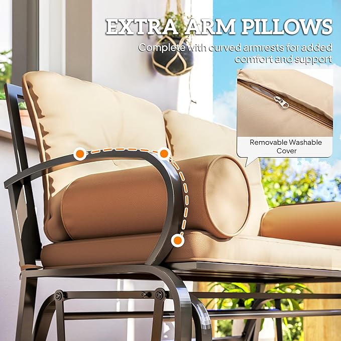 Outsunny Swing Glider Rocking Chair, Double Patio Bench, 2 Person Loveseat with Steel Frame, Cushions, Pillow Armrests, Khaki