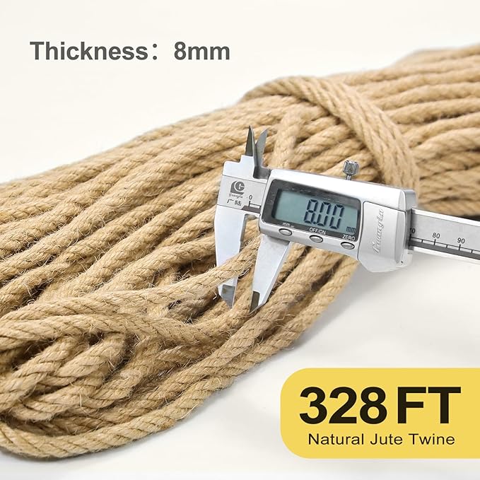 Jute Twine String - 328ft 8mm Eco-Friendly Heavy-Duty Rope for Crafts,Construction & Packaging | Natural Fiber Cord for Garden Tying,Bundling & DIY Decor