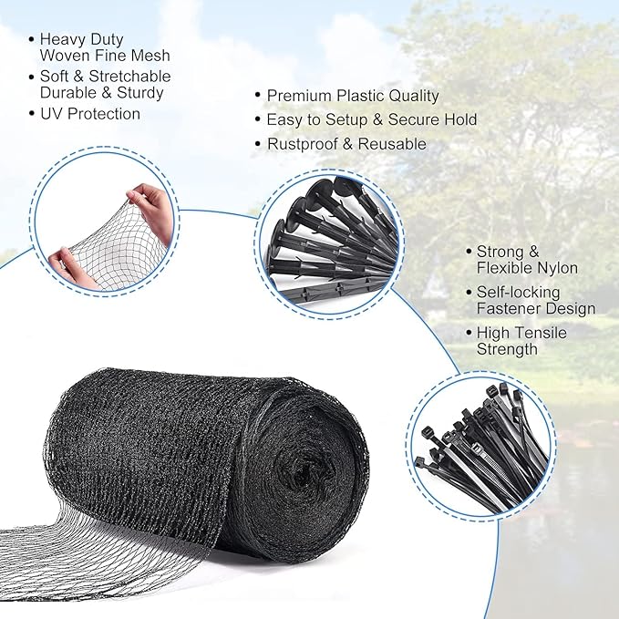 Pond Netting, 7 x 10FT Pond Net for Koi Ponds, Garden Pool Fine Mesh Pond Netting Cover for Leaves, Protects Koi Fish from Birds Cats Predators, with 12 Stakes and 30 Cable Zip Ties