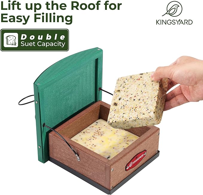 Kingsyard Upgraded Upside Down Double Suet Feeder with Metal Weatherproof Roof, Squirrel-Proof Metal Edging, Suet Feeders for Outside Hanging, Great for Attracting Woodpecker, Nuthatch, Titmouse