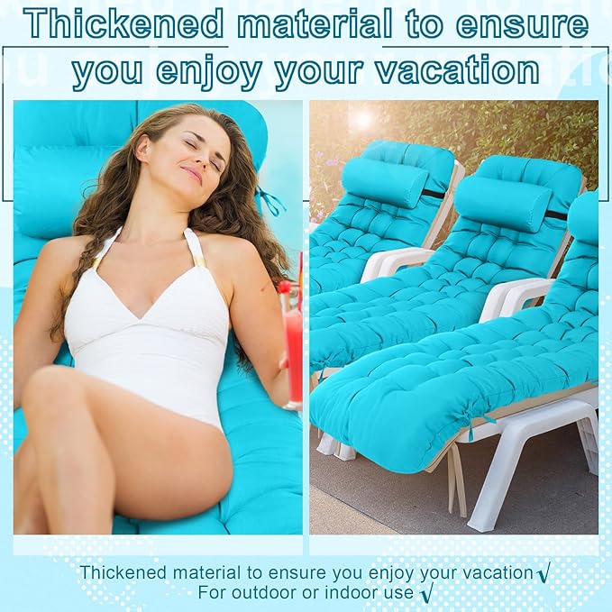 Tudomro 1 Pcs Peacock Blue 66'' Outdoor Chaise Lounge Cushion Waterproof Patio Lawn Pool Chaise Lounge Cushion with Headrest Pillow & Ties Weather Fade Resistant Replacement Longue Chair Pad
