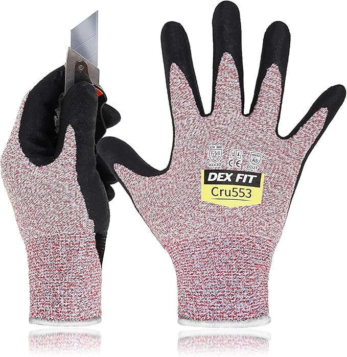 DEX FIT Level 5 Cut Resistant Gloves Cru553, 3D-Comfort Stretchy Fit, Power Grip, Professional Grade, Thin, Touch-Screen Compatible, Durable, Machine Washable; Red S (7) 1 Pair