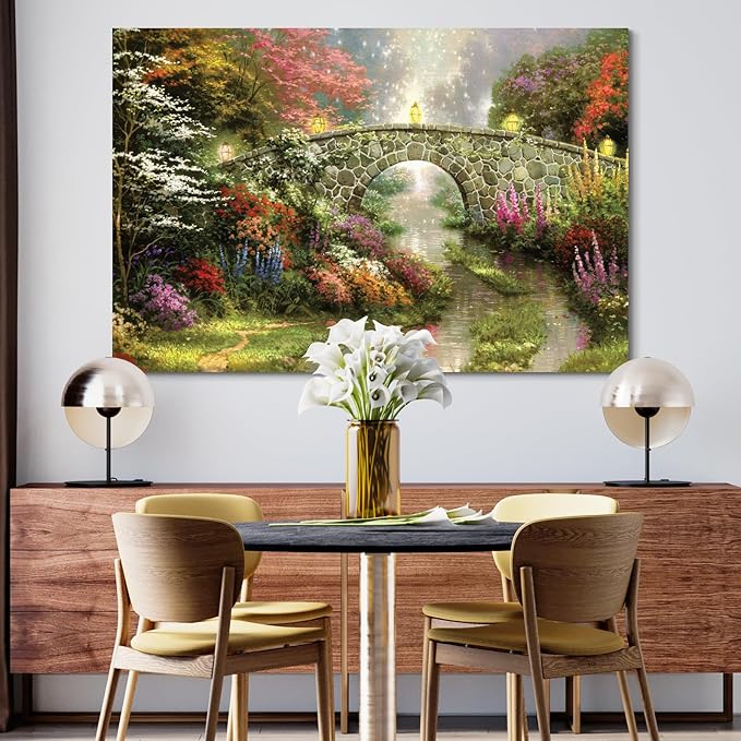 STUDIO HAVEN Thomas Kinkade Canvas Wall Art, Flower Filled Stream Stone Arch Glowing Lanterns Misty Ambiance Oil Painting Poster Rustic Landscape Wall Decor, Framed Prints for Home Decor, 28x20Inch