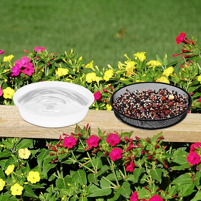 4 Pcs 7 Inch Metal Round Bird Feeder Tray and Plastic Bird Bath Bowl, Wild Birds Seed Tray Bath Water Bowl Outdoor Accessory for Humming Feeder Station (4)