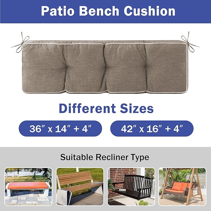 Bench Cushion, 36 x 14 Inch Patio Furniture Cushions with Durable Ties, Soft Memory Foam Bench Cushions for Indoor/Outdoor Furniture with Non-Slip Bottom, Kitchen&Dining, Khaki