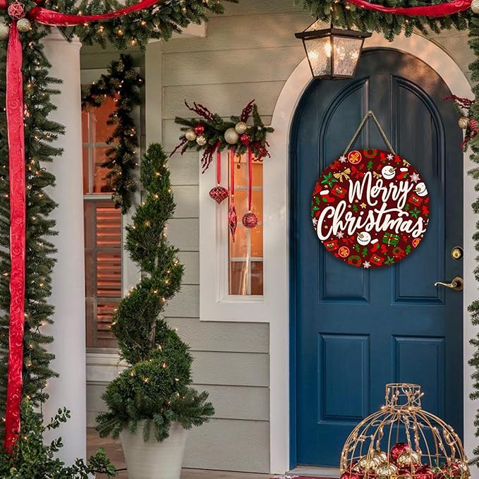 Merry Christmas Welcome Wooden Door Sign for Front Door Winter Christmas Door Hanger Xmas Holiday Hanging Wall Sign for Farmhouse Home Porch Outdoor Decorations