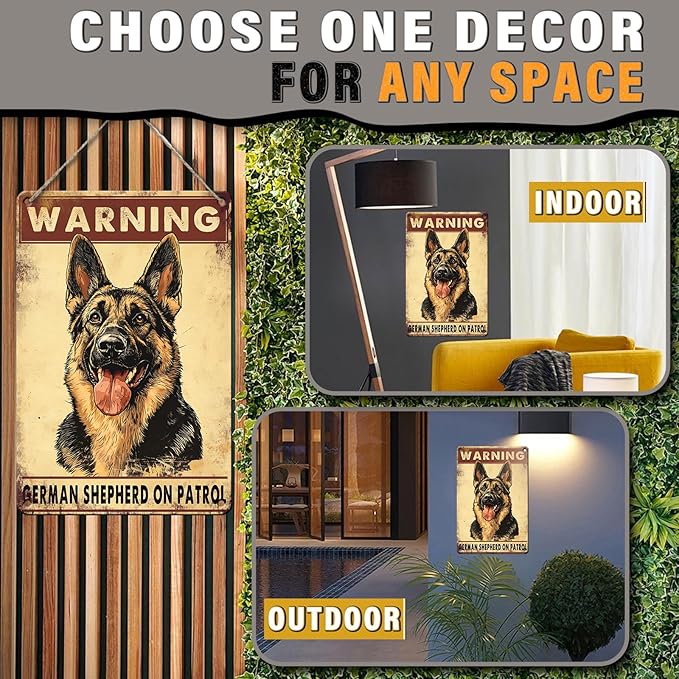 PEACHGARDEN Warning Vintage Metal Sign German Shepherd Signs Warning Beware Dog Tag Funny Plaque for Home Outdoors, Patio, Yard, Porch 8x12inch