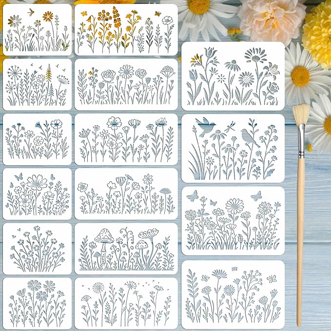 16PCS Large Flower Stencils for Painting on Walls Wildflower Stencils with Brushes Floral Spray Paint Stencil Reusable Drawing Template for Walls Garden Fence Furniture Fabric Card