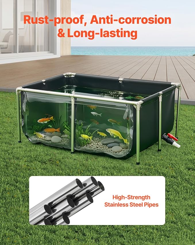 VEVOR KOI Aquarium Tank Above Ground Fish Pond, 127 Gallon Foldable Canvas Fish Pool Pond with Clear Viewing Panel, Outdoor/Indoor No Dig Turtle Goldfish Pond with 304SS Frame and Drain Valve