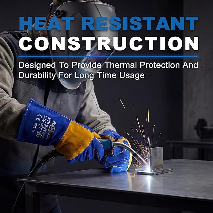 RAPICCA Welding Gloves Fire Heat Resistant: Blue 16IN 932℉ - Fireproof Leather For Stick Mig Flux-Core Welder Forge Blacksmith Fireplace Wood Stove Fire Pit Grill Oven Furnace Handling Dry Ice