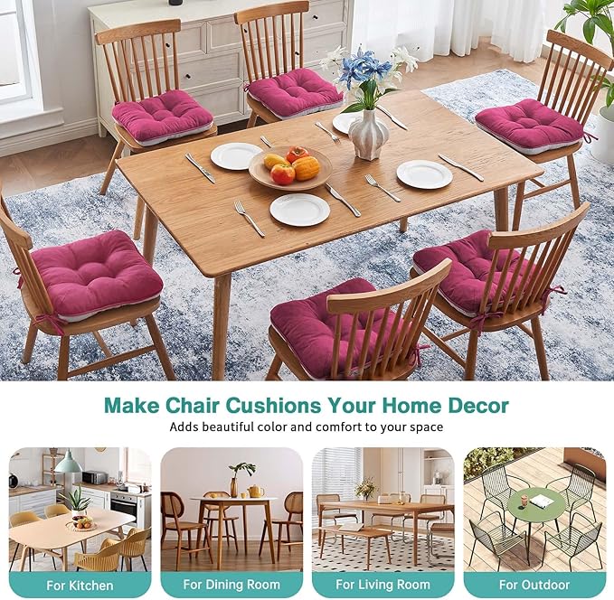 BETU Chair Cushions for Dining Chairs Set of 6,3.5" Thick Kitchen Table Chair Pads with Ties,Non Slip Backing and Covers, Seat Cushion for Dining Room,Bar,Patio Chairs,16"X16"X3.5",Hot Pink