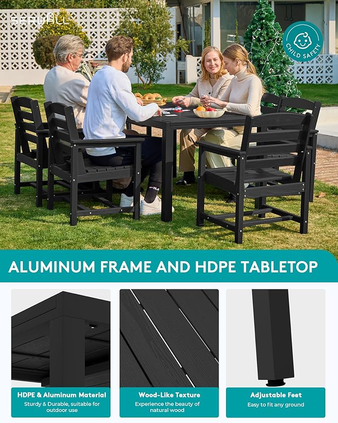 SERWALL 5-Piece Outdoor Table and Chairs, 60" - 83" Expandable Outdoor Dining Table with Aluminum Frame & HDPE Tabletop, All Weather HDPE Patio Furniture Set for Backyard, Garden, Black