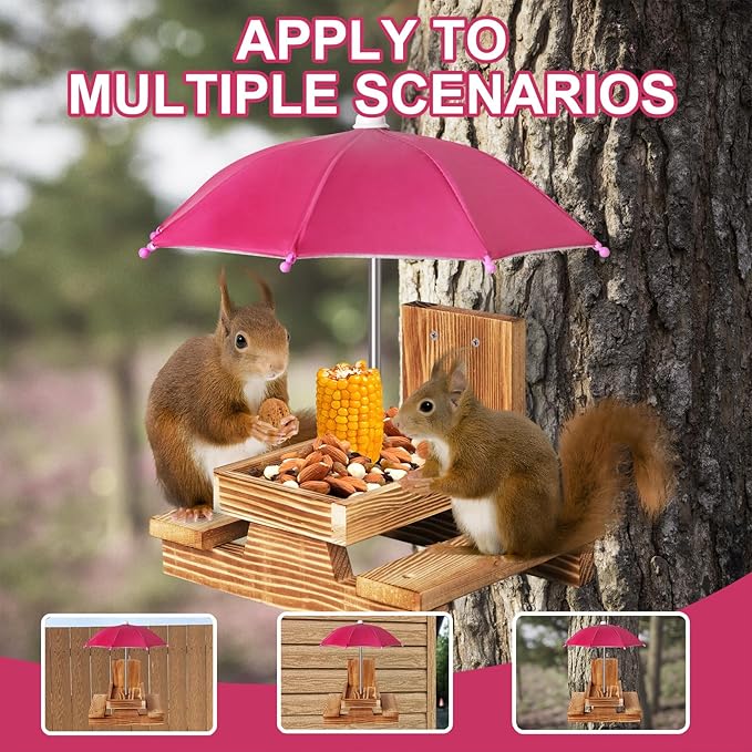 Gnodary Squirrel Feeder with Umbrella, Squirrel Feeders for Outside, Squirrel Picnic Table Feeder - Chipmunk Feeder Hold Corn, Corn Cob, Peanuts Style2 (Dark Pink)