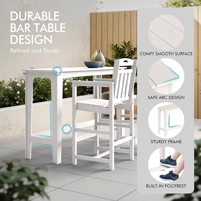 Ciokea 3 Pcs Outdoor Bar Height Table Set, 60" Extra Long Rectangle High Top Table and 2 Oversized Adirondack Chairs Set, Heavy-Duty All-Weather HDPE Patio Bar Set for Backyard Balcony Deck, White