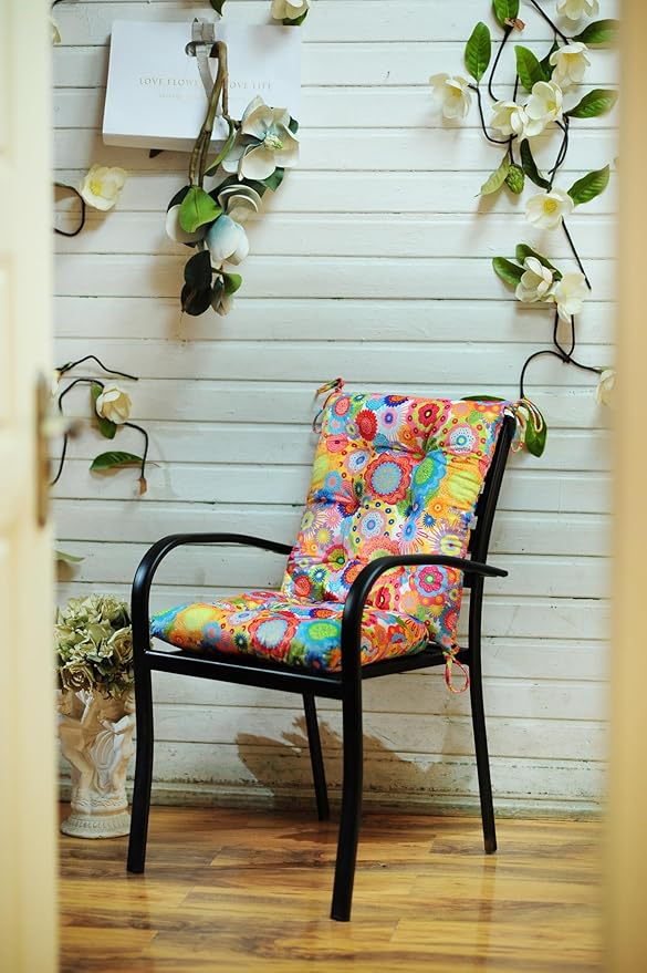 Outdoor Patio Cushion, Rocking Chair Cushion, Tufted Pads, Set of Upper and Lower with Ties Pack of 2 (2 Sets) - Back 20"×17", Seat 17"×17" (Multicolored Flowers)