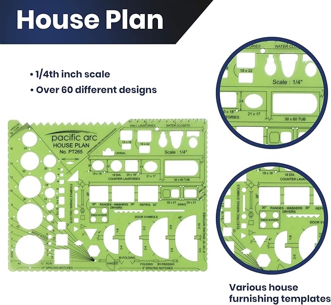 Pacific Arc House Plans Templates Guide, with Stairs, Doors, Plumbing, Kitchen Appliances, and Roof Pitch Gauge, Scale of 1/4 Inch to 1 Foot
