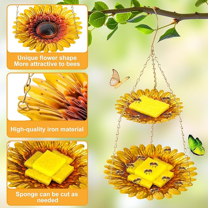 DECOHS Double-Deck Bee Feeder with Vivid Flower Design, Anti-Rust Iron Butterfly Bee Watering Stations with 2 Sponge, Hanging Butterfly Bath Bowl Bee Drinking Cup for Garden Yard Outdoor Decor