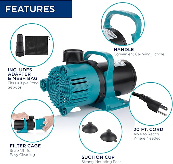 Alpine Corporation PEG3000 | 3000 GPH Vortex Energy-Saving Submersible Pump — Durable & Efficient Design for Ponds, Waterfalls & Fountains — Black/Teal