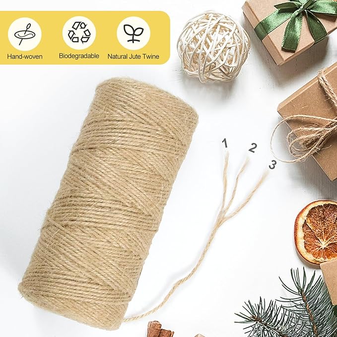 Jute Twine String - 656ft Eco-Friendly Natural Cord for Crafts,Butcher Cooking & Packaging | 2mm Thick Jute Rope | Extra Long Decorative Tying,Plant Support & DIY Projects