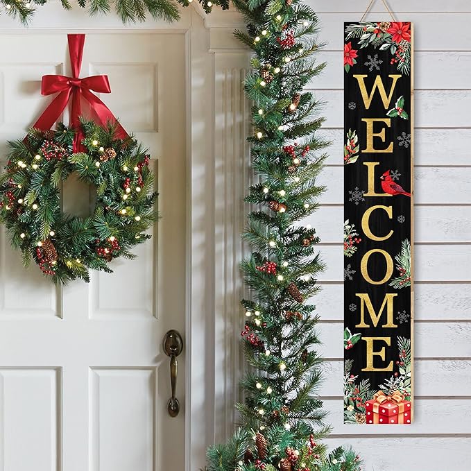 Christmas Welcome Sign for Front Porch Standing, Holly Xmas Themed Wooden Porch Sign for Front Door Decorations, Rustic Farmhouse Hanging Wall Sign for Christmas Winter Decor 47.2" H