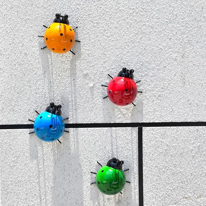 MACLARONX Metal Ladybugs Outdoor Yard Art Garden Fence Decor Set of 4 Cute Lady-Bugs Wall Sculptures Colorful 3D Ornaments for Backyard Balcony