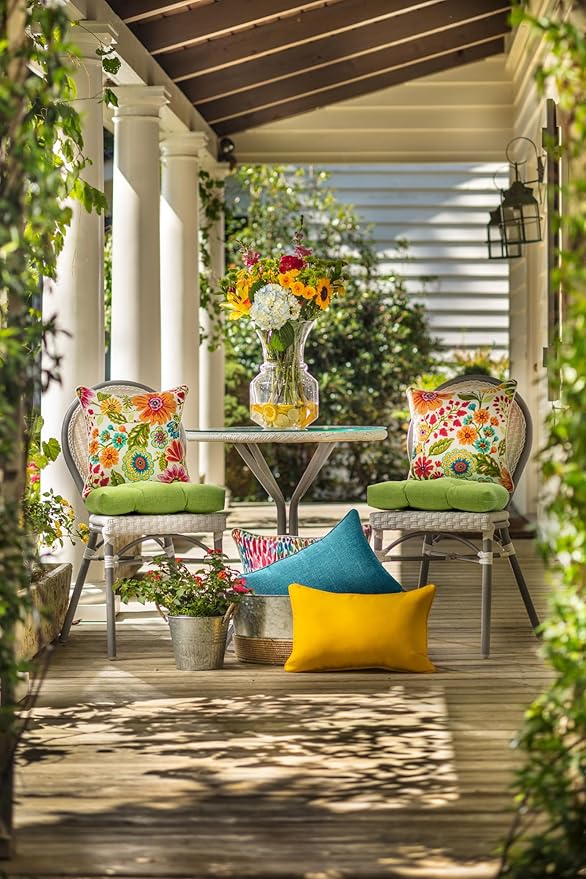 Pillow Perfect Bright Floral Indoor/Outdoor 1 Piece Split Back Chair Cushion Set With Ties, 1 Count, 40.5" x 21", Blue/Purple Gregoire