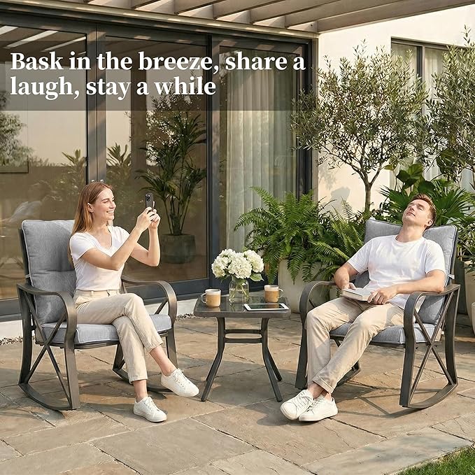 COSIEST 3 Piece Bistro Set Patio Rocking Chairs Outdoor Furniture w Warm Gray Cushions, Glass-Top Table for Garden, Pool, Backyard