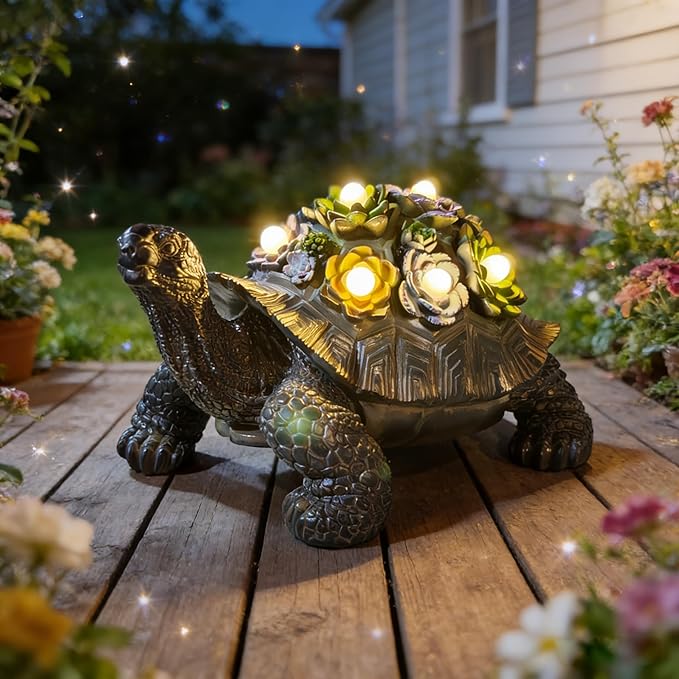 Solar-Powered Succulent Turtle Statue - Resin Garden Decor with LED Lights, Waterproof Outdoor Ornament for Patio, Yard, Lawn - Unique Housewarming Gifts