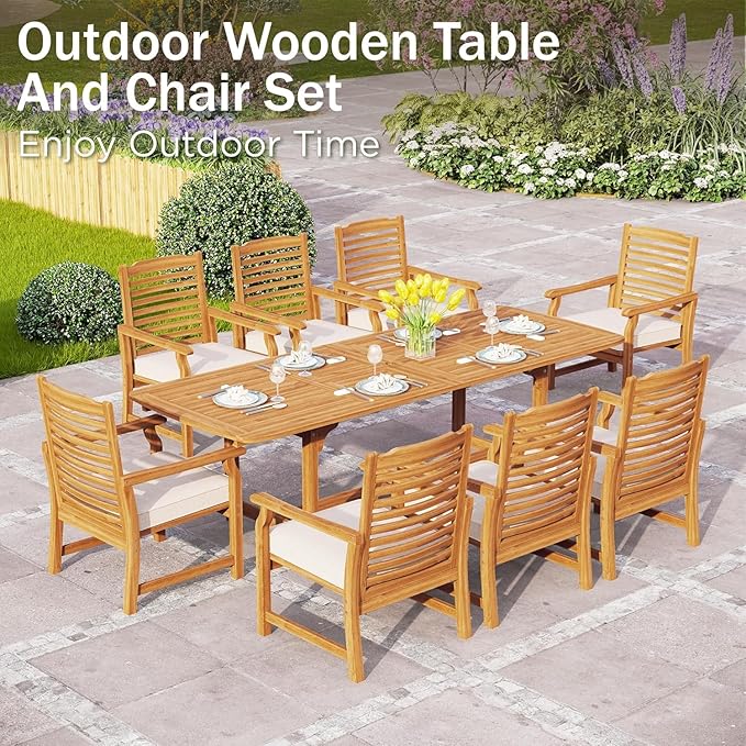 PHI VILLA Outdoor Acacia Wood Dining Table for 6-8, Large Extendable Rectangular Teak Table with Umbrella Hole, Farmhouse Outside Furniture for Patio, Deck, Porch, Yard