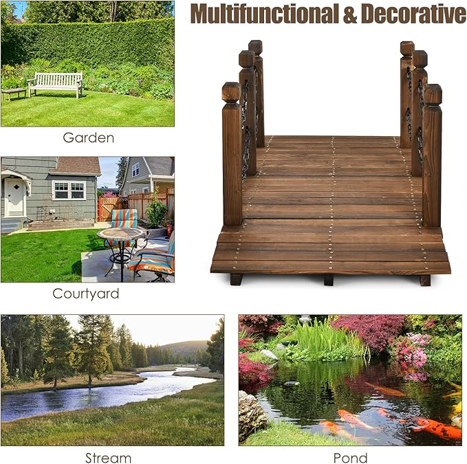 HAPPYGRILL 5FT Wooden Bridge with Safe Chain Railings, Outdoor Small Arc Pond Bridge, Decorative Fir Bridge for Landscaping Garden Pond Stream Courtyard