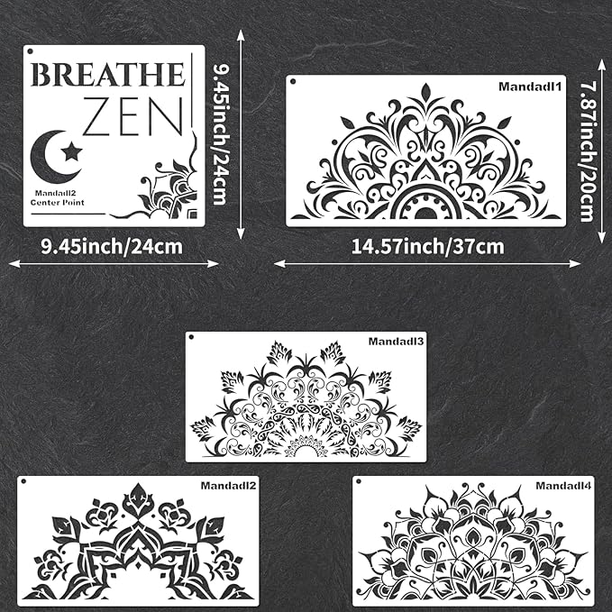 YKW 5 Pack Mandala Stencils for Painting, Large Half Mandala & Breathe Zen Templates - Reusable PET Stencils for Wall, Wood, Fabric & Rock - DIY Craft Stencil for Home Decor Art