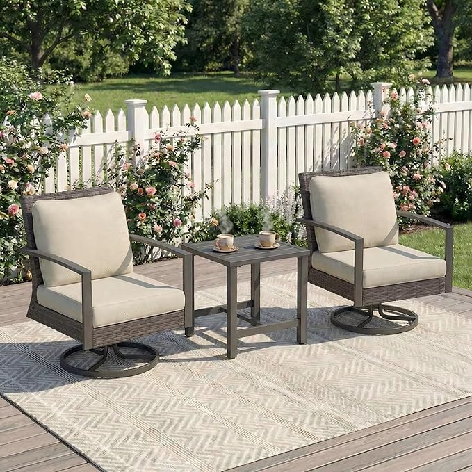 Green4ever 3-Pieces Patio Swivel Rocking Chairs Rocking with Sidetable, Metal Outdoor Rocking Chair, All Weather Rattan Patio Chairs for Porch, Bistro, Balcony, Beige