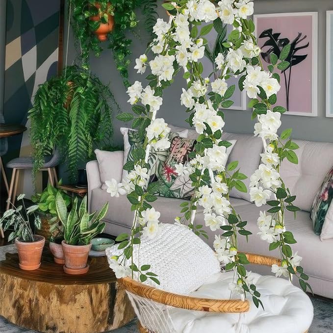 2 Pcs Artificial Flowers Garland for Outdoors White Faux Gardenia Garland 12Ft Silk Rose Hanging Vines Floral for Wedding Arch Party Wall Garden Ceremony Backdrop Fence Spring Decor