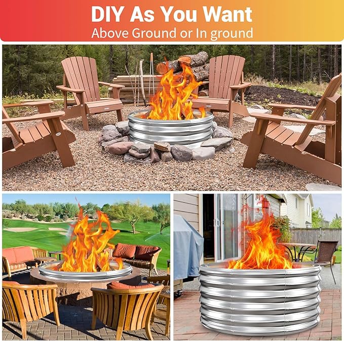 32In Fire Pit Ring, 17'' Tall Heavy Duty Galvanized Steel Wood Burning Fire Pits Insert, DIY In Ground or Above Ground, Outdoor Firepit & Fireplace for Backyard Bonfire, Patio & Camping