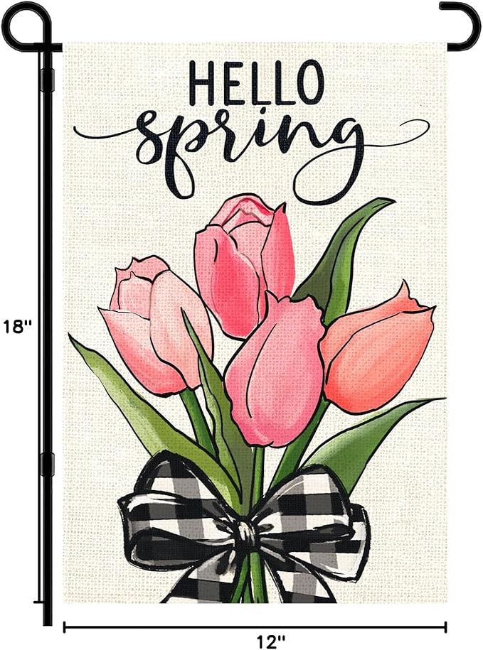 DIYDEC Spring Garden Flag 12x18 Inch Vertical Double Sided Burlap Spring Tulip Flowers Design Hello Spring Flag for Outdoor Yard Garden Seasonal Holiday Farmhouse Spring Summer Decoration