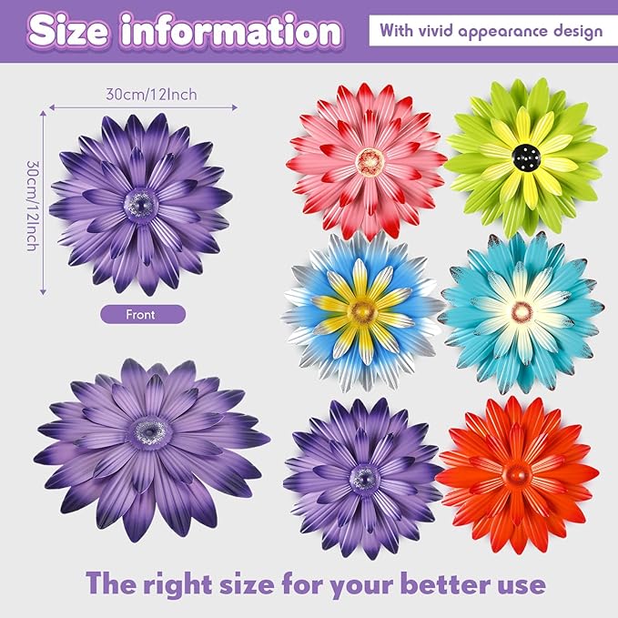 Zhehao 6 Pcs Metal Flower Wall Art Decor 12 Inch Sunflower Wall Decorations Hanging Outdoor Art Multicolored Handmade Metal Flowers Outdoor Decor(Vivid Color)