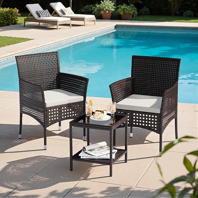 Devoko Outdoor 3 Piece Patio Furniture Set Wicker Chairs with Glass-top Coffee Table for Garden, Balcony, and Porch (Brown)