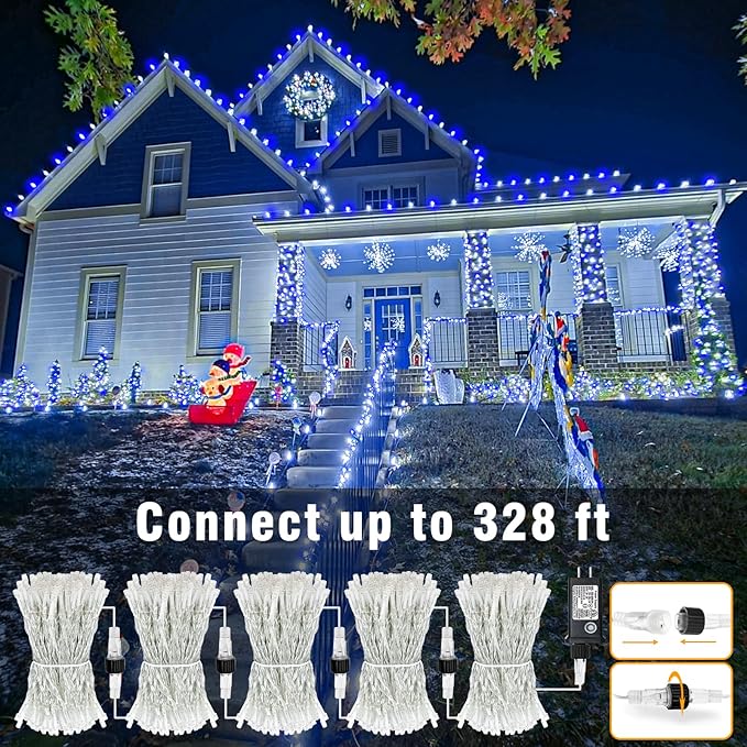 165FT 500 LED Christmas Lights Outdoor, Blue and White Christmas String Lights Waterproof 8 Modes, Plug in Twinkle Fairy Lights Clear Wire for Indoor Xmas Tree Garden Patio Holiday Decorations