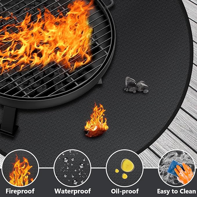 36'' Fire Pit Mat for Solo Stove Bonfire, Round Fireproof Under Grill Mat, Oil-Proof Waterproof BBQ Pad for Deck Patio Grass Outdoor Grill Accessories, Portable and Reusable, Glossy Black