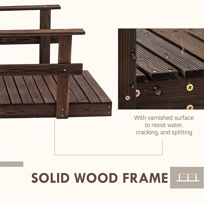 Outsunny 7' Wooden Garden Bridge with Safety Rails, Backyard Footbridge for Ponds, Creeks, Streams, Stained Finish