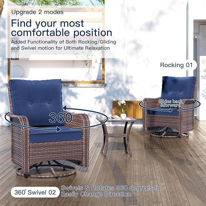 Kullavik 9 Pieces Outdoor Patio Furniture Set,PE Wicker Rattan Sectional Sofa Patio Conversation Sets with Tempered Glass Table,Swivel Rocking Chairs Set,Navy Blue