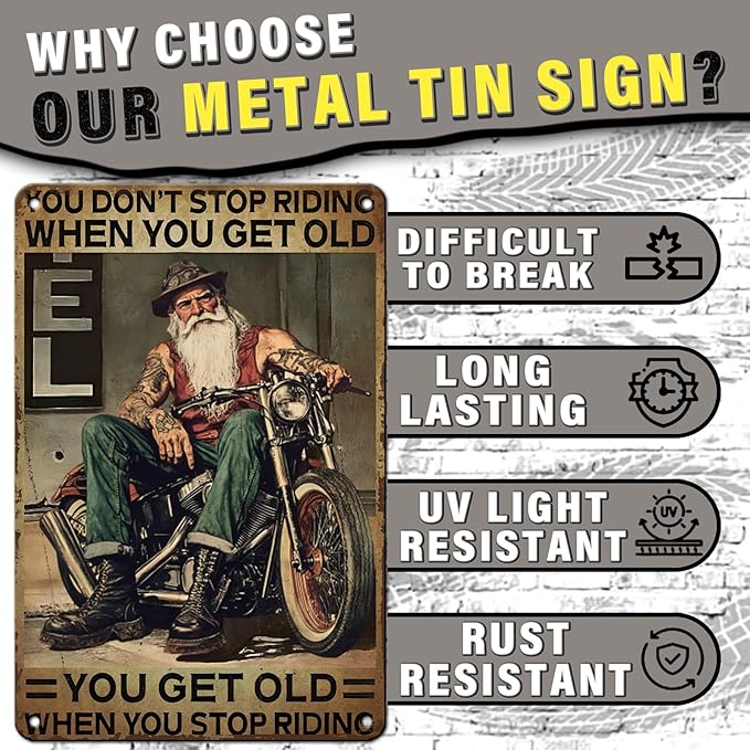 PEACHGARDEN Motorcycle Vintage Tin Signs You Don’t Stop Racing When You Get Old Poster Metal Tin Sign Home Family Lovers Gift Funny Bedroom Novelty Retro Parlor Courtyard Wall Decor 8x12inch