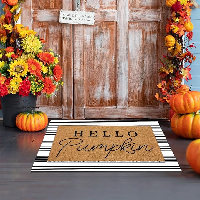 Tinideya 2 Pcs Fall Door Mat Hello Pumpkin Welcome Non Slip Coir Mats Thanksgiving Black White Stripe Harvest Floor Layering Doormats Seasonal for Front Porch Entryway Decor(Hello Pumpkin)