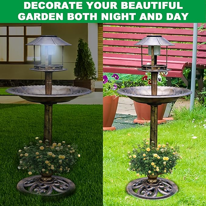 Bird Bath with Solar Light&Feeder& Planter Pedestal,Copper Bird Baths for Outdoors Garden,Yard,Patio,Lawn(41in High)