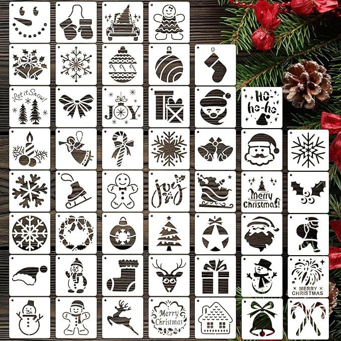 50 PCS Christmas Painting Stencils Reusable Christmas Stencils for Painting on Wood Rocks Canvas Fabric Glass Pottery 4x4 Inch