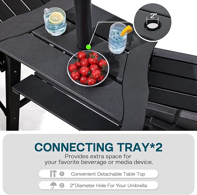 Tall Adirondack Chairs Set of 2, HDPE Balcony Chair with Double Connecting Tray, Weather Resistant Outdoor Adirondack Bar Stools for Patio, Deck, Patio, Backyard, Balcony.(Black)