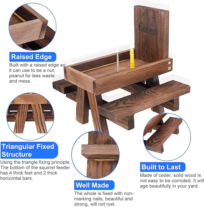 Squirrel Feeder Picnic Table with Umbrella, Lalafancy Carbonized Wood Squirrel Feeder for Outside Funny Chipmunk Feeder with Corn Cob Holder Structure Solid for Squirrel Gift