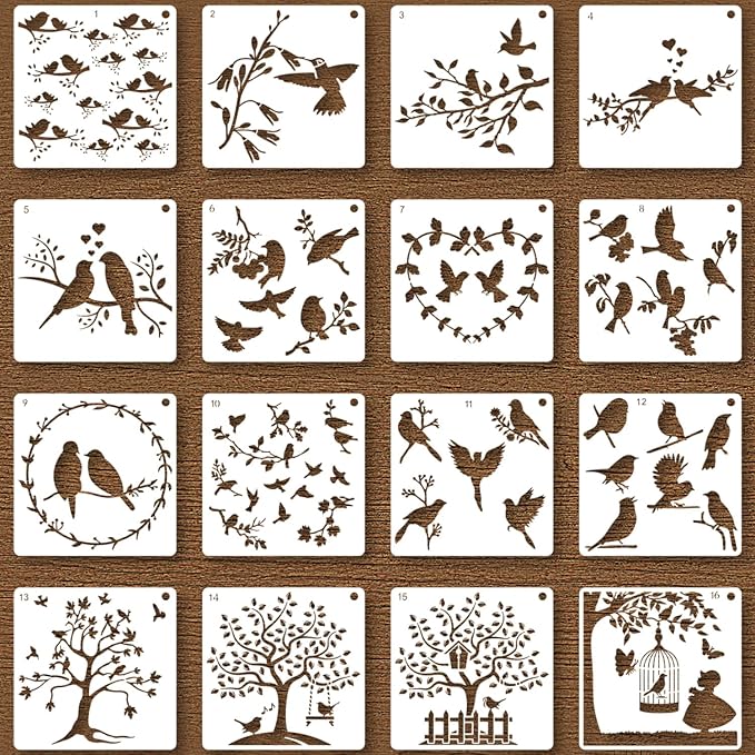 Bird Stencils 16 Pieces for Painting Tree Branch Vine, Reusable DIY Drawing Template for Painting on Wood Burning Art Craft Canvas Furniture Wall Decor