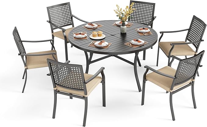 PHI VILLA 7 Pieces Outdoor Round Dining Set for 6, 54" Large Metal Steel Table with Umbrella Hole & Stackable Iron Chairs with Cushions, Modern Furniture Set for Patio, Deck, Yard, Porch