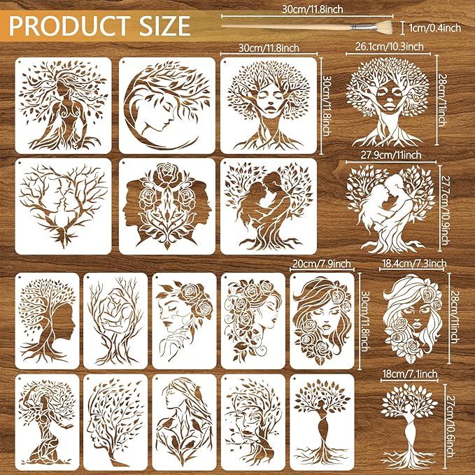 16PCS Large Woman Tree Stencils for Painting on Walls 12 x 12 Inch Giant Wall Stencil with Brushes and Binder Ring Branches Rose Flower Plastic Art Drawing Templates for Home Wall Decor